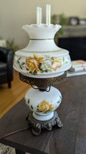 Load image into Gallery viewer, Vintage Milk Glass Hurricane Lamp 🌼 Yellow Roses – Dual Light