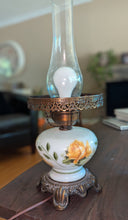 Load image into Gallery viewer, Vintage Milk Glass Hurricane Lamp 🌼 Yellow Roses – Dual Light