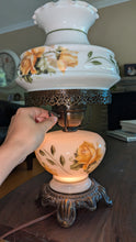 Load image into Gallery viewer, Vintage Milk Glass Hurricane Lamp 🌼 Yellow Roses – Dual Light