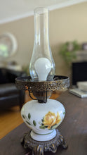 Load image into Gallery viewer, Vintage Milk Glass Hurricane Lamp 🌼 Yellow Roses – Dual Light
