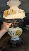 Load image into Gallery viewer, Vintage Milk Glass Hurricane Lamp 🌼 Yellow Roses – Dual Light
