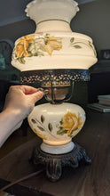 Load image into Gallery viewer, Vintage Milk Glass Hurricane Lamp 🌼 Yellow Roses – Dual Light
