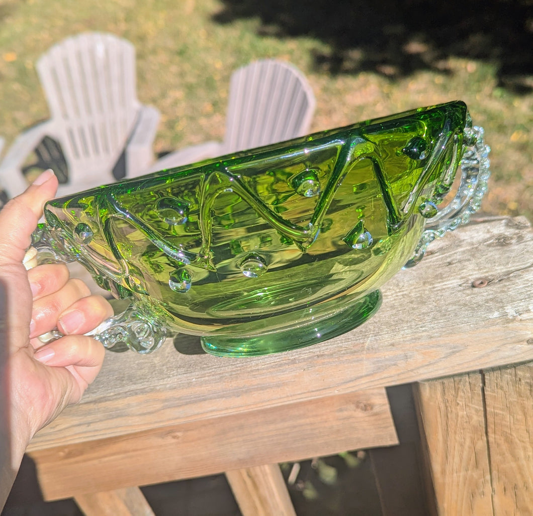 Vintage Green Art Glass Bowl with Handles