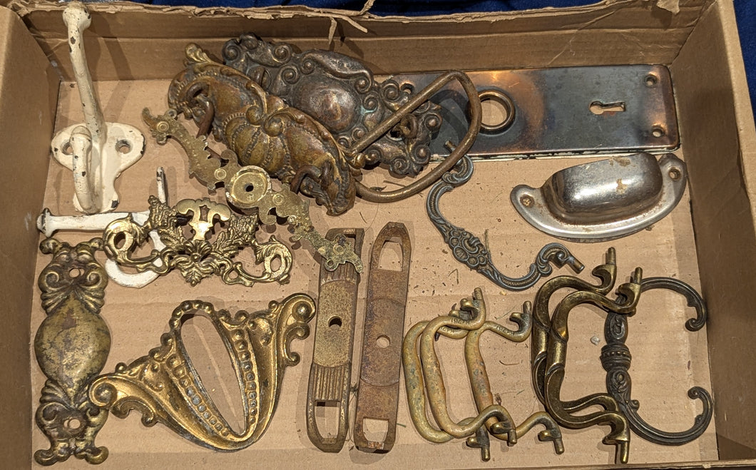 Box of Vintage Mixed Hardware – Brass Drawer Pulls, Hooks etc.