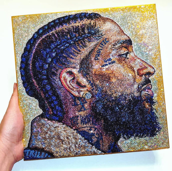 Sparkly Nipsey Hussle all glitter portrait artwork created by artist TRILLI / TRILLILIFE